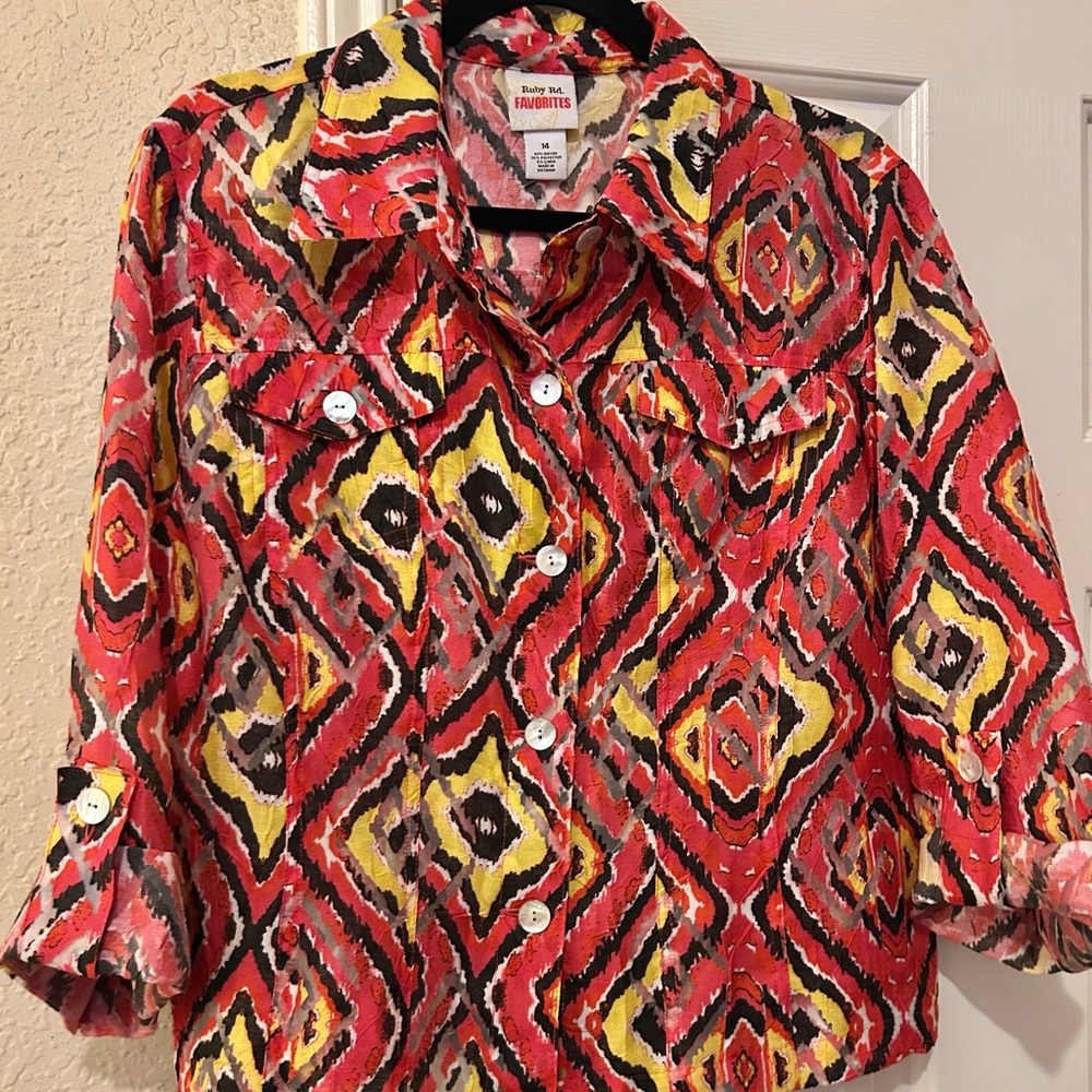 Ruby Rd. Red Yellow Black Ikat Button-Front Blouse - Picture 7 of 7